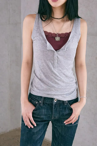 Button Henley Neck Sleeveless