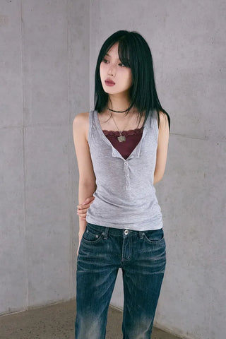 Button Henley Neck Sleeveless