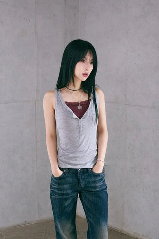Button Henley Neck Sleeveless