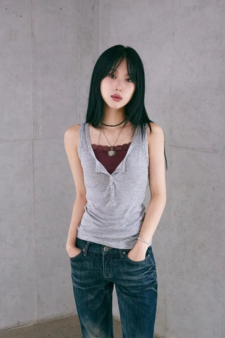 Button Henley Neck Sleeveless