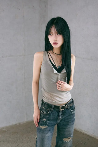 Button Henley Neck Sleeveless