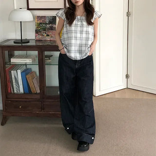 Non-faded roll-up stitch wide jeans
