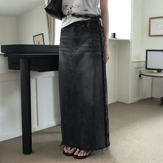 Side Fringe Denim Long Skirt