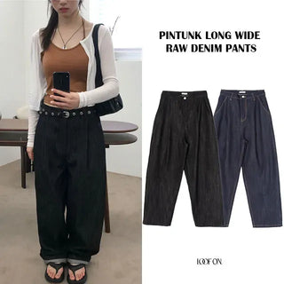 Pintuck Long Wide Raw Denim Pants
