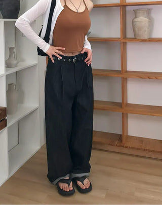 Pintuck Long Wide Raw Denim Pants