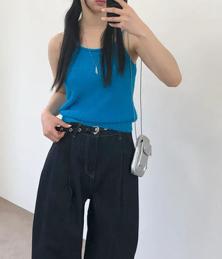 Pintuck Long Wide Raw Denim Pants
