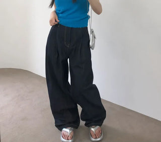 Pintuck Long Wide Raw Denim Pants