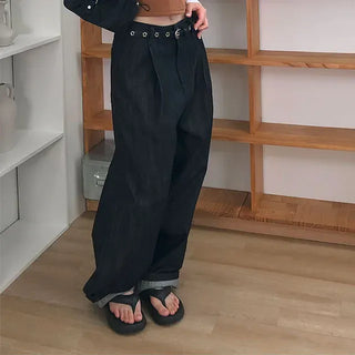 Pintuck Long Wide Raw Denim Pants