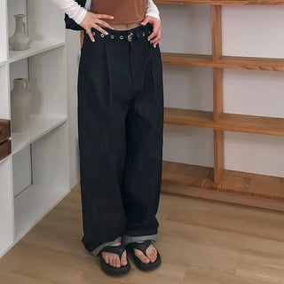 Pintuck Long Wide Raw Denim Pants