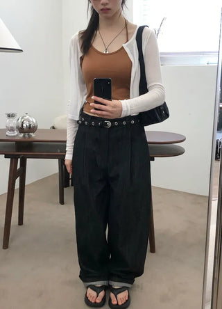 Pintuck Long Wide Raw Denim Pants