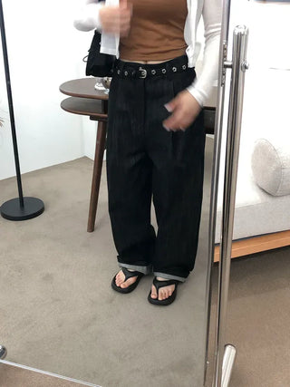 Pintuck Long Wide Raw Denim Pants