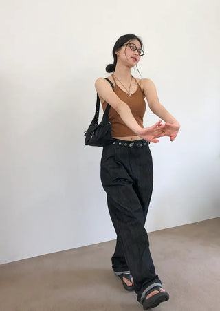 Pintuck Long Wide Raw Denim Pants