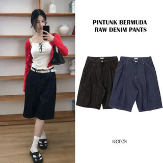 Pintuck Bermuda Raw Denim Pants