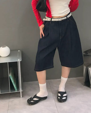 Pintuck Bermuda Raw Denim Pants