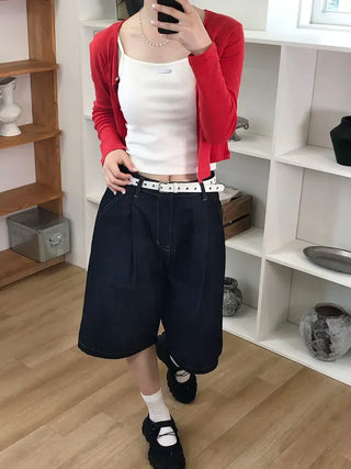 Pintuck Bermuda Raw Denim Pants