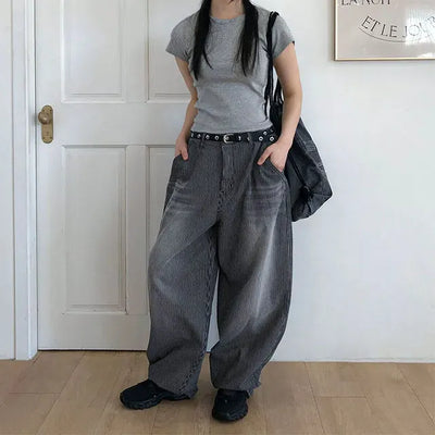Striped Retro Vintage Denim Balloon Wide Pants