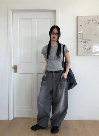 Striped Retro Vintage Denim Balloon Wide Pants