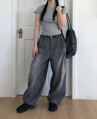 Striped Retro Vintage Denim Balloon Wide Pants
