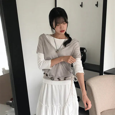 Hoodie Wrap Button Half Short Sleeve Tee