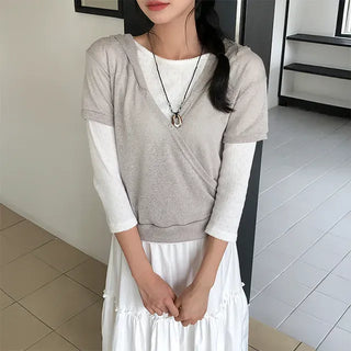 Hoodie Wrap Button Half Short Sleeve Tee