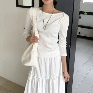 Boat Neck Punched Middle Sleeve Tee