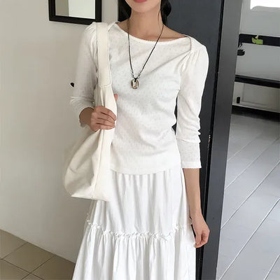Boat Neck Punched Middle Sleeve Tee