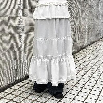 Lace Frill Layered Elastic Long Skirt