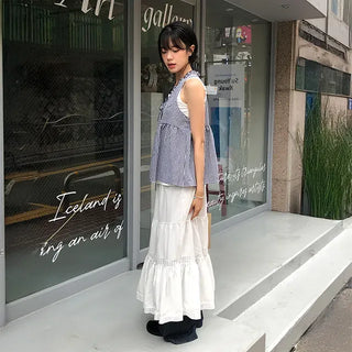Lace Frill Layered Elastic Long Skirt