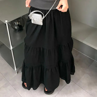 Lace Frill Layered Elastic Long Skirt
