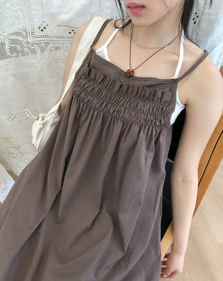 Frill Shirred Layered Midi Sleeveless Dress