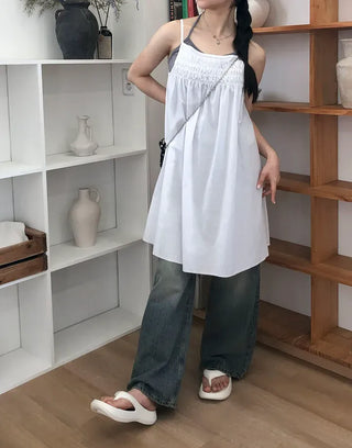 Frill Shirred Layered Midi Sleeveless Dress