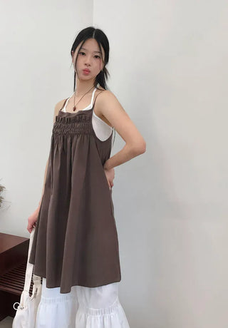 Frill Shirred Layered Midi Sleeveless Dress