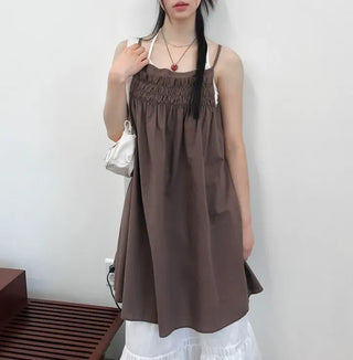 Frill Shirred Layered Midi Sleeveless Dress