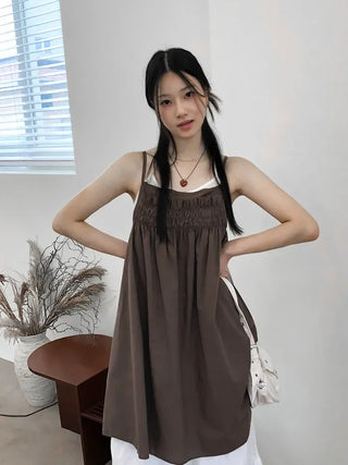 Frill Shirred Layered Midi Sleeveless Dress
