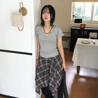 Check Asymmetrical Layered Skirt