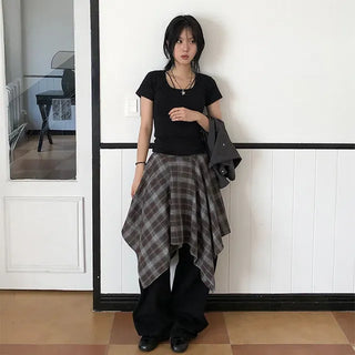 Check Asymmetrical Layered Skirt