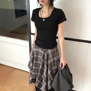 Check Asymmetrical Layered Skirt