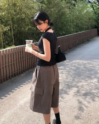 String Pintuck Bermuda Cargo Pants