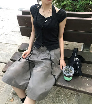 String Pintuck Bermuda Cargo Pants