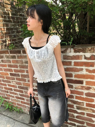Butterfly Frill See-through Sleeveless Blouse
