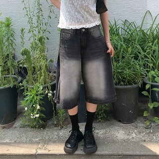 Side Pintuck Bermuda Washed Denim Pants