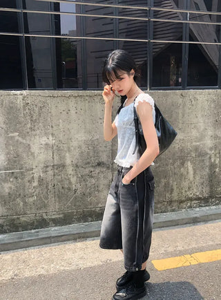 Side Pintuck Bermuda Washed Denim Pants