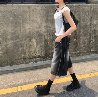Side Pintuck Bermuda Washed Denim Pants