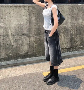 Side Pintuck Bermuda Washed Denim Pants