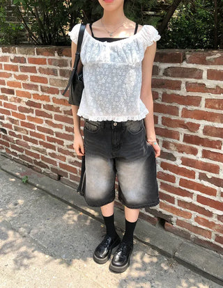 Side Pintuck Bermuda Washed Denim Pants