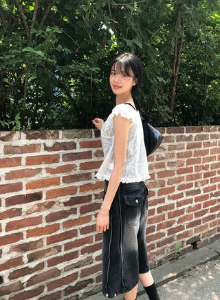 Side Pintuck Bermuda Washed Denim Pants
