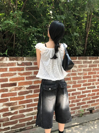 Side Pintuck Bermuda Washed Denim Pants