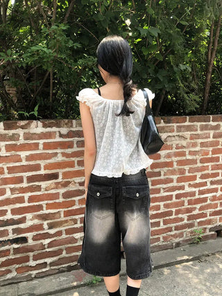 Side Pintuck Bermuda Washed Denim Pants