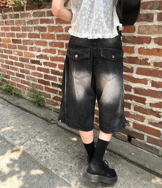 Side Pintuck Bermuda Washed Denim Pants