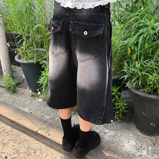 Side Pintuck Bermuda Washed Denim Pants
